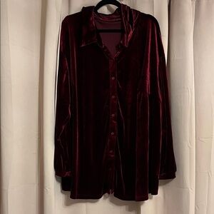 SHEIN Curve+ Velvet Shirt in Burgundy Red